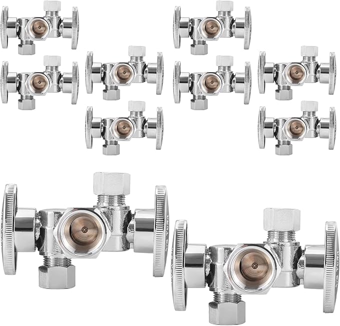 10-PCs HeSun Dual Shut Off Angle Valve, 1/2" FIP x 3/8" OD x 3/8" OD Compression, 1/4-Turn Stop Valve with 2 Shut Offs, PEX Chrome Plated Brass(VALVE140-10)