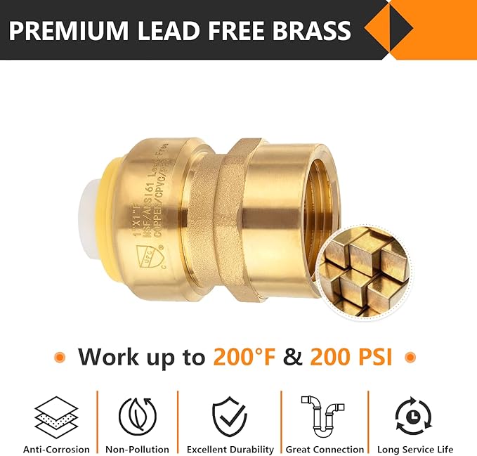 2-Pack HeSun Pushfit Female Adapter, 1" FNPT x 1" Push to Connect Plumbing Fittings with Disconnect Clip, Brass Push-fit Fittings for PEX, Copper, CPVC, PE-RT Pipes(PF154-2)