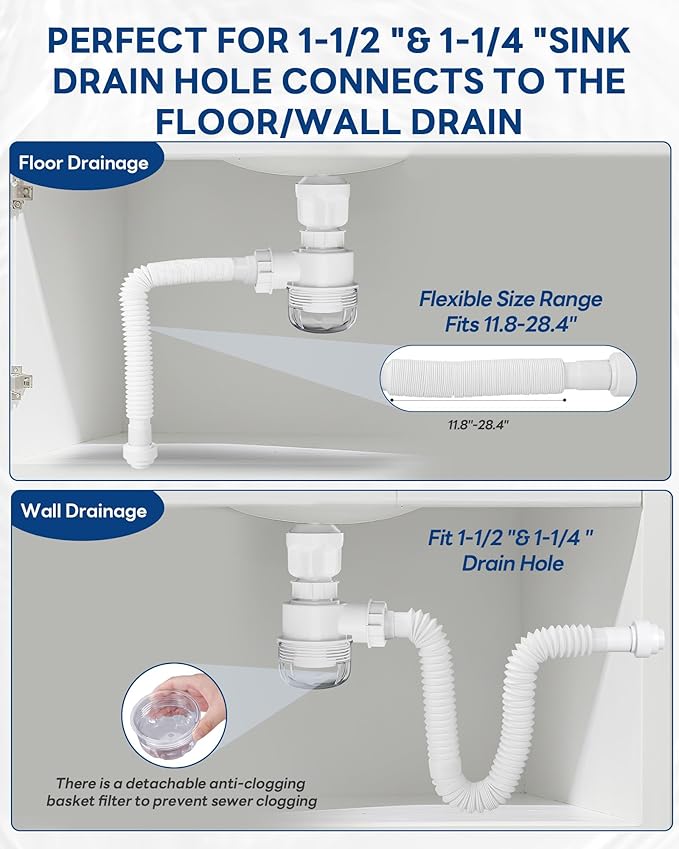 BOTEMY 1 1/2" Bathroom Sink Drain Kit with Flexible Drain P-Trap - No Tool Installation, Anti-Odor White Sink Drain Pipe Kit for Bathroom, Black Pop Up Stopper &Strainer Hair Catcher(with Overflow)