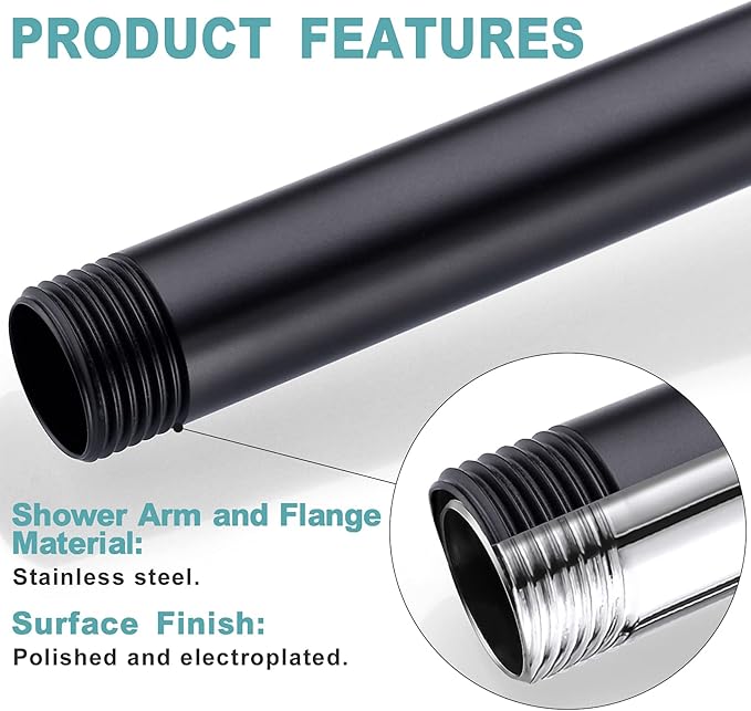 BESTILL 16 Inch Ceiling Mount Rain Shower Head Arm and Flange, Matte Black