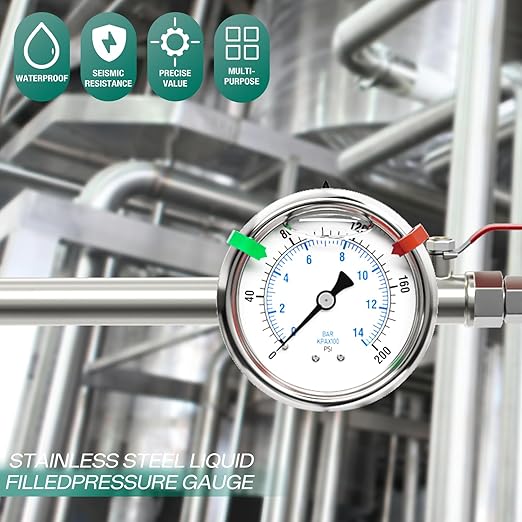 0-200psi Stainless Steel Glycerin Liquid Filled Pressure Gauge 1/4" NPT 2.5" Face Dial Center Back Mount, for Water, Oil and Air Pressure Testing (with Range Mark Pointer)