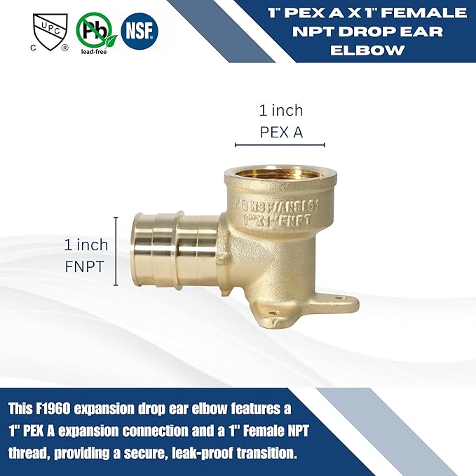 5 Pcs XFITTING 1 Inch Pex A x 1 Inch Female NPT Drop Ear Elbow, F1960 Expansion Drop Ear Elbow, 29-6-8=5XX