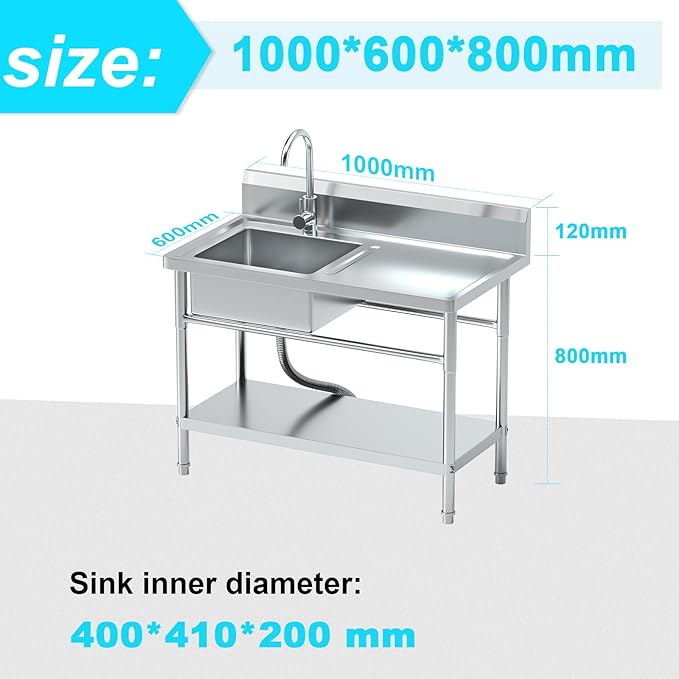 Free Standing Stainless-Steel Single Bowl, Commercial Restaurant Kitchen Sink with Set w/Faucet & Drainboard Hot and Cold Water Plumbing Workbench & Storage for Garage, Restaurant, Laundry