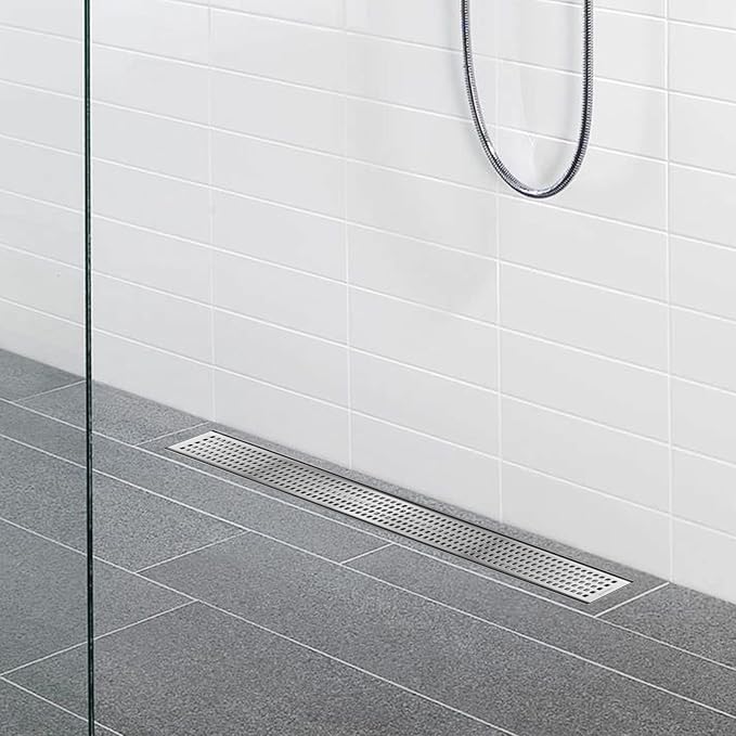 Linear Shower Drain 26", 304 Stainless Steel Floor Drain with Grid Drain Cover & Hair Strainer, Rectangular Shower Drain w/CUPC Certified, Brushed