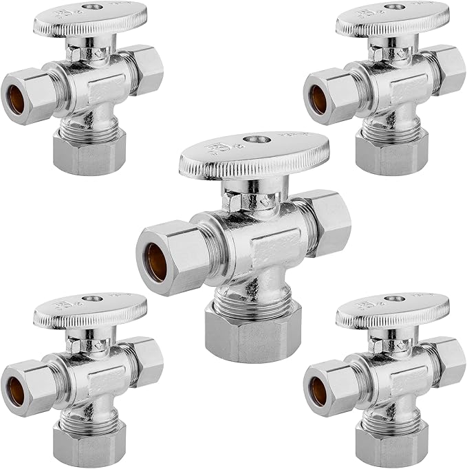 5-PCs HeSun Dual Compression Outlet Angle Stop Valve, 1/2" Nominal (5/8"OD) x 3/8" OD x 3/8" OD Compression, 1/4-Turn Shut Off Valve for Bathroom, PEX Chrome Plated Brass(VALVE123-5)