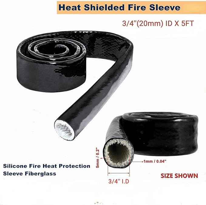 Heat Shield Fire Sleeve 3/4" ID x 5FT Silicone Coated Fiberglass for Automotive Hose Lines Wires& Electrical Wiring