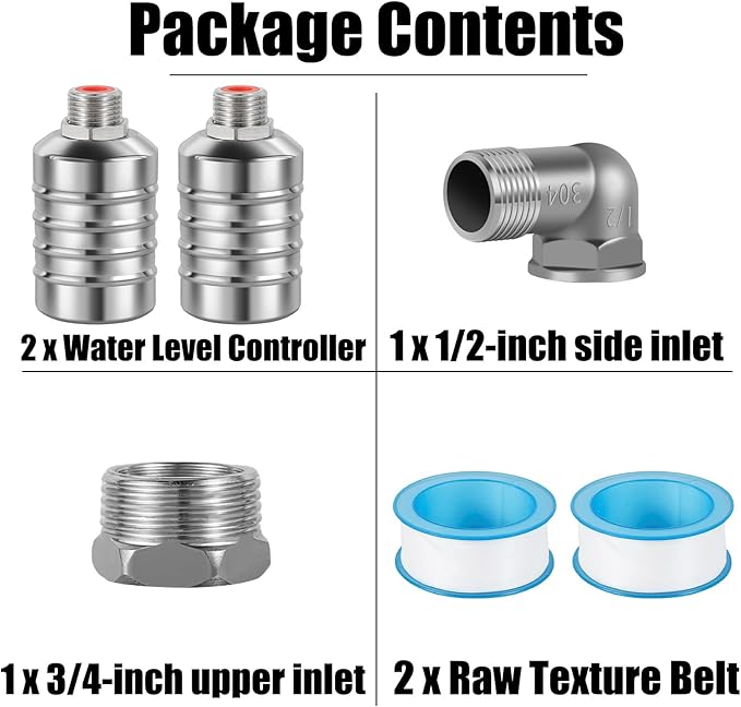 JUXILPP 304 Stainless Steel Automatic Float Valve 1/2" and 3/4" Connection Types Precise Control Water Level Controller Water Level Control Float Valve for Sink for Water Tank Livestock Troughs（2pcs）