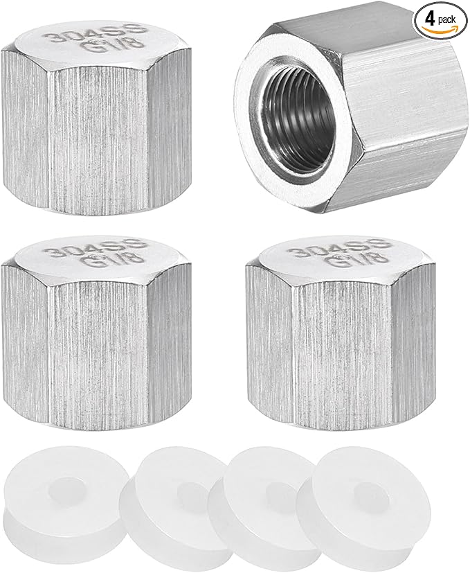 uxcell 4pcs Hex End Cap 304 Stainless Steel Nut with Washer, G1/8" Female Thread Pipe Fitting, Gas Line Water Line Stop Valve Cap Tubing Ends for Plumbing Fittings, Silver Tone