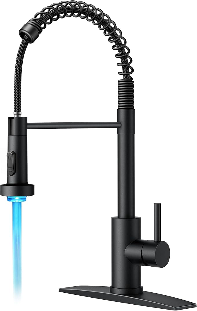 FORIOUS LED Kitchen Faucet with Pull Down Sprayer Black, Modern Single Handle Stainless Steel Commercial Spring Sink Faucet with LED Light for Pot Filler, Farmhouse Camper Bar Laundry Room