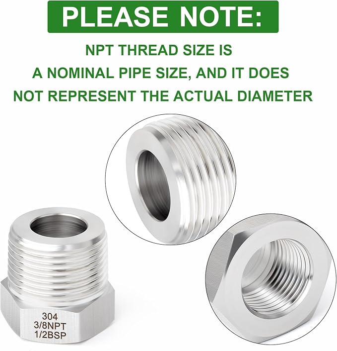 TAISHER 2PCS Forging of 304 Stainless Steel Reducer Hex Bushing, 1/2" BSP Male x 3/8" NPT Female, Reducing Forging Pipe Adapter Fitting