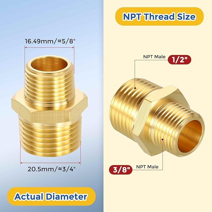 4 Pack Brass Pipe Fittings, 1/2" NPT Male to 3/8" NPT Male Brass Hex Nipple, Male Pipe Adapter Reducer for Air, Oil, LP
