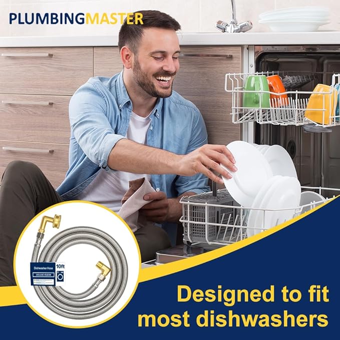 10FT Dishwasher Hose with Elbow – Stainless Steel Braided Supply Line, 3/8" Compression to 3/8" Elbow, Universal Fit, Burst Proof, NSF/Lead-Free Certified, 10-Year Warranty