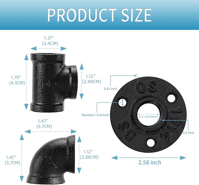 1/2" Black Pipe Fitting, Home TZH 20 Pack Floor Flange/Elbow/Tee Combo for Industrial vintage style, Flanges/Elbow/Tee with Threaded Hole for DIY Project/Furniture/Shelving(20, Black 1/2")