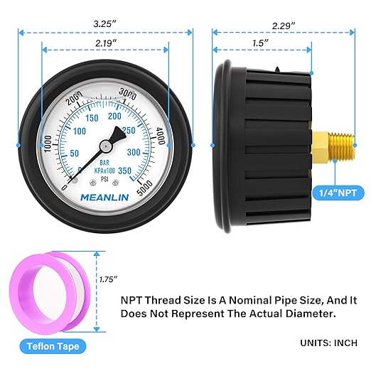 MEANLIN MEASURE 0~5000Psi Stainless Steel Liquid Filled Pressure Gauge 1/4" NPT 2.5" FACE DIAL with Rubber Protective Sleeve, Center Back Mount