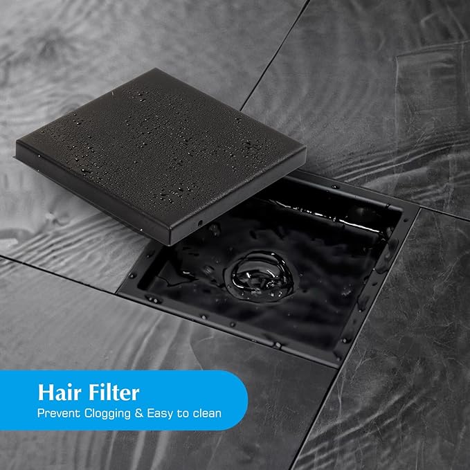 Square Shower Drain, Black Shower Drain 6 inch with Flange and 2 in 1 Tile-Insert Cover, AISI 304 Stainless Steel Matte Black Shower Floor Drain with Hair Catcher and Flange