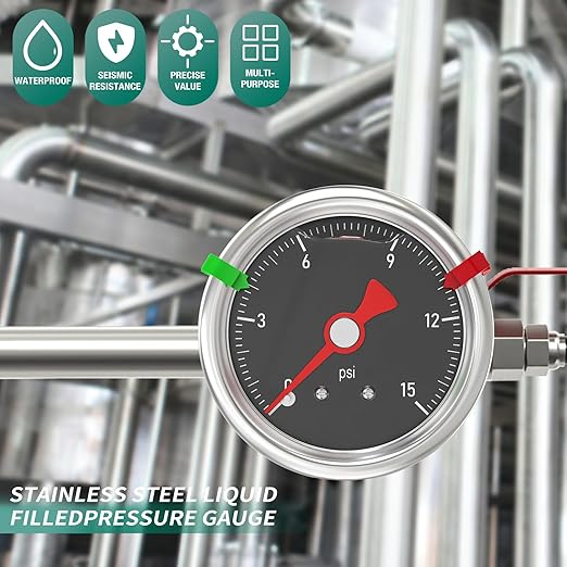 0-15PSI Stainless Steel Glycerin Filled Pressure Gauge 1.5" Black Dial Size, 1/8" NPT Back Mount, for Tube, Water Pump, Gas, Liquid, Pressure Test (with Range Mark Pointer)