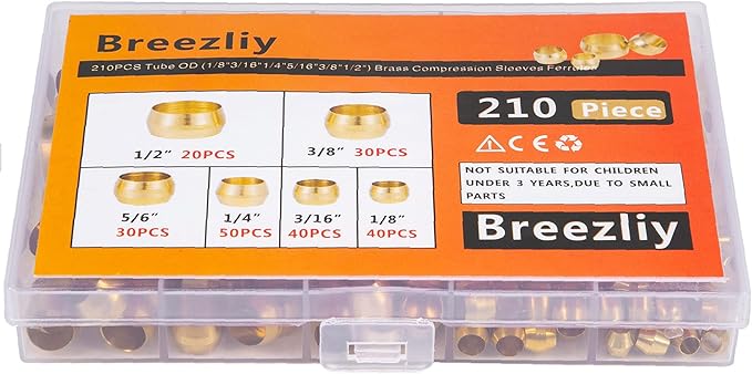 210PCS Tube OD（1/8" 3/16" 1/4" 5/16" 3/8" 1/2") Brass Compression Sleeves Ferrules,6 Sizes Brass Compression Fitting Assortment Kit