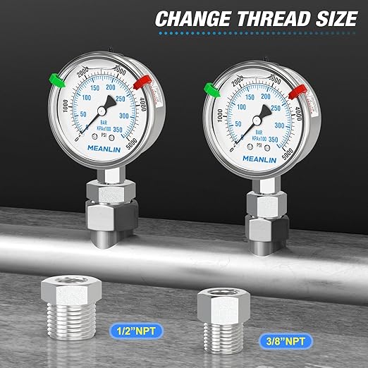 MEANLIN MEASURE 0~5000Psi Stainless Steel Liquid Filled Pressure Gauge 2.5" FACE DIAL 1/4" NPT for WOG Water Oil Air Lower Mount with Stainless Steel Hex Bushing and Snaps