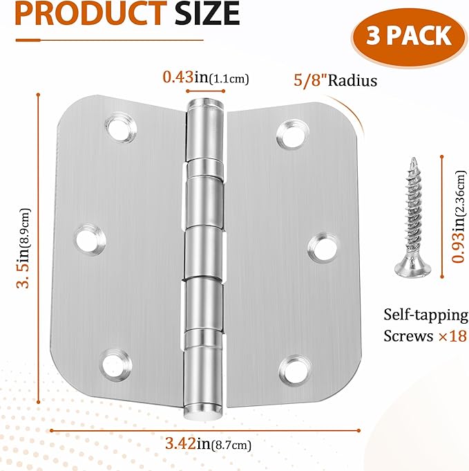 Stainless Steel Door Hinges 3.5 x 3.5 Inch Rounded Door Hinges, 5/8 Radius Silver Stainless Steel Interior Door Hinge, Replacement Door Interior Metal Hardwares, 3 Pack