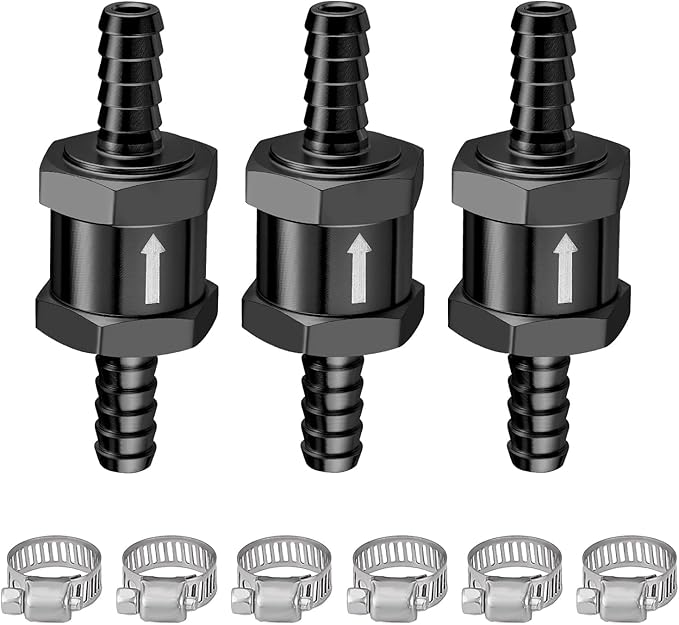 EVIL ENERGY 1/4'' (6mm) Check Valve, 3 Pcs Aluminum One Way Fuel Check Valve for Gasoline, Diesel & Coolant with Universal Hose Clamps, Black