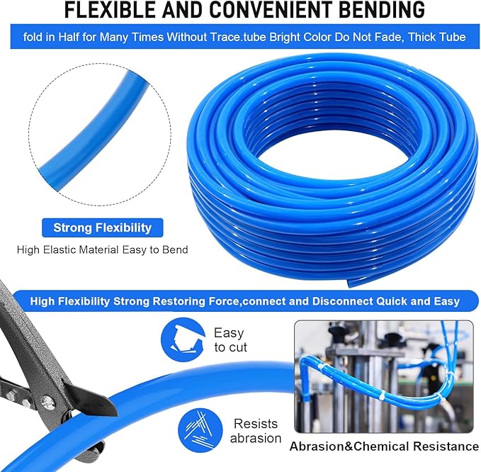 Shop Air Line Kit,Blue 1/2 Inch 100ft PU Air Tubing Kit, Hose Air Line TubingOr Fluid Transfer Pneumatic tubing with Push to Connect Fittings