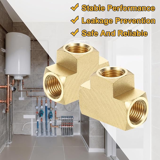 PATIKIL Brass Tee Fitting, 2Pcs 1/4" x 1/4" x 1/4" NPT Female Pipe 3 Way Forged Brass Barstock Street T-Fittings Pipe for Water Gas Refrigeration