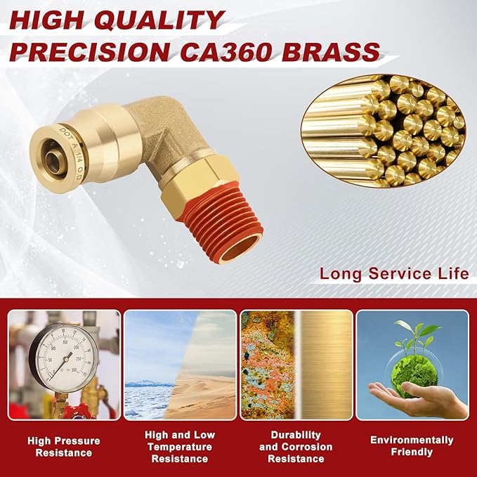1/4" Quick Push to Connect Fittings Brass 90 Degree Union Swivel Elbow Joint DOT Approved 1/4" Tube OD x 1/8" NPT Thread Air Brake Line Adapter Air Suspension Kit for Car Truck Trailers 5pcs