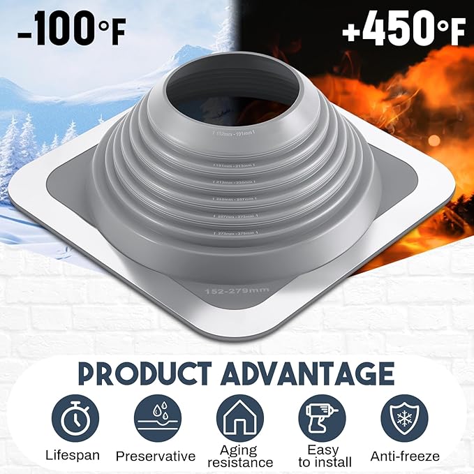#7 Metal Roof Vent Boot Chimney Flashing Roof Jack Pipe Vent for Pipe Od 6 to 11 Sleeve Square Base Epdm (14 Inch, Grey)