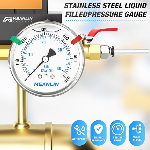 MEANLIN MEASURE 0~600Psi Stainless Steel Liquid Filled Pressure Gauge 2.5" FACE DIAL 1/4" NPT for WOG Water Oil Air Back Mount with Stainless Steel Hex Bushing and Snaps