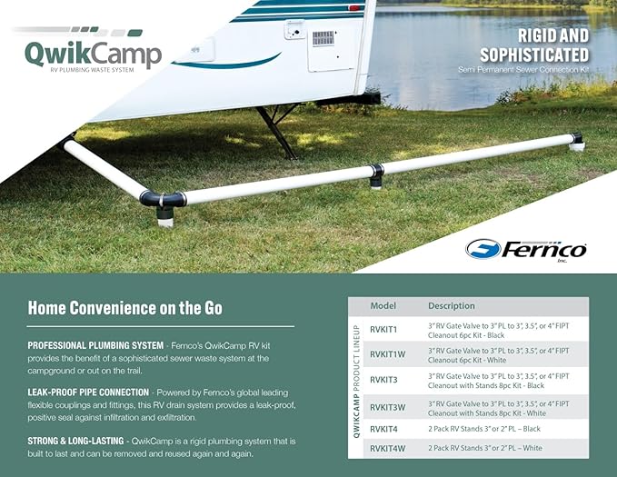 Fernco QwikCamp RV and Camper Sewer Waste Plumbing Connection System Kit with Slip Fit Coupling Adapter for 3-in. PVC Pipe in White