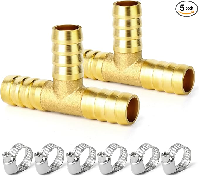 GASHER 5 Pieces Brass Hose Barb Tee, 3-Way Tee Hose Fitting (1/2" x 1/2" x 1/2" Hose Barb) with 15 Hose Clamps