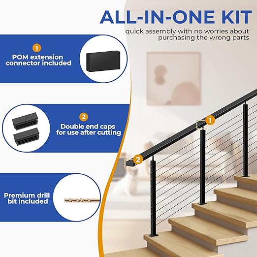 3Pack 6'6" T304 Stainless Steel Handrails Black with Extension Connectors End Cap Kits for Cable Railing System Posts Kit, Cuttable Rectangular Handrails Flat Top Rail - 2.36" W x 1.18" H
