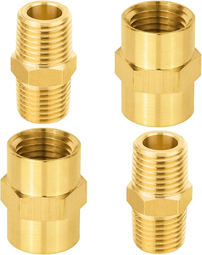 4-PCs HeSun Brass Pipe Fittings Combo, 2-PCs 1/4" NPT Male + 2-PCs 1/4" NPT Female Hex Nipple Adapter