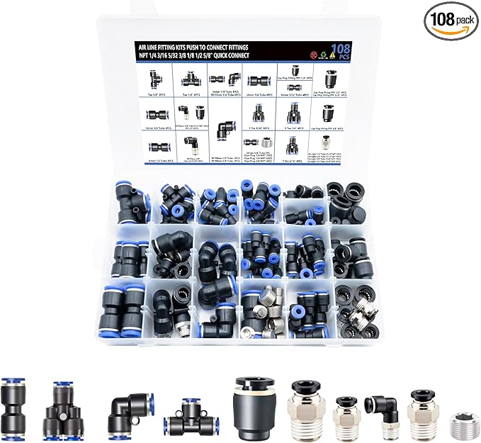 108 Pcs Quick Connect Air Hose Fittings Kit - 1/8" to 1/2" NPT Thread Push To Connect Fittings for Workshops