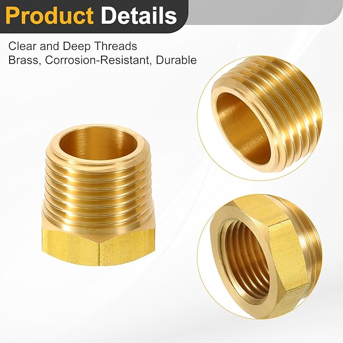 uxcell 2Pcs 1/2 BSPT Male x 3/8 NPT Female Brass Reducer Hex Bushing Threaded Pipe Fitting, Brass Threaded Pipe Fitting Adapter for Water, Gas, Oil Pipeline Systems