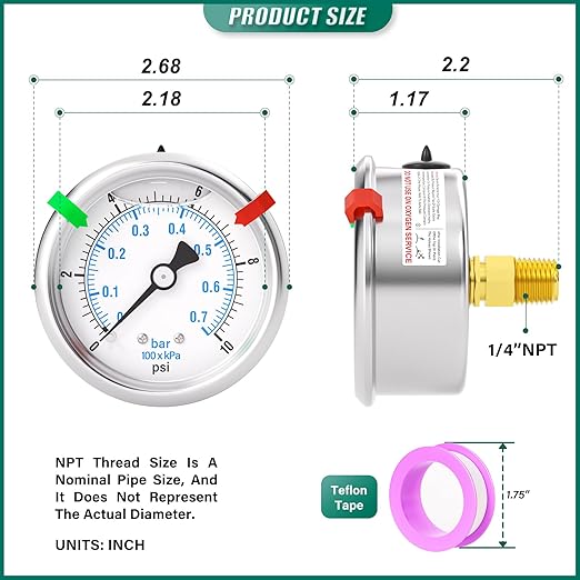 0-10PSI Stainless Steel Liquid Filled Pressure Gauge, 2.5" Dial Size, 1/4" NPT Back Mount, for Tube, Water Pump, Gas, Liquid, Pressure Test (with Range Mark Pointer)