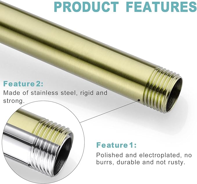 BESTILL 8 Inch Ceiling Mount Rain Shower Head Arm and Flange, Brushed Gold