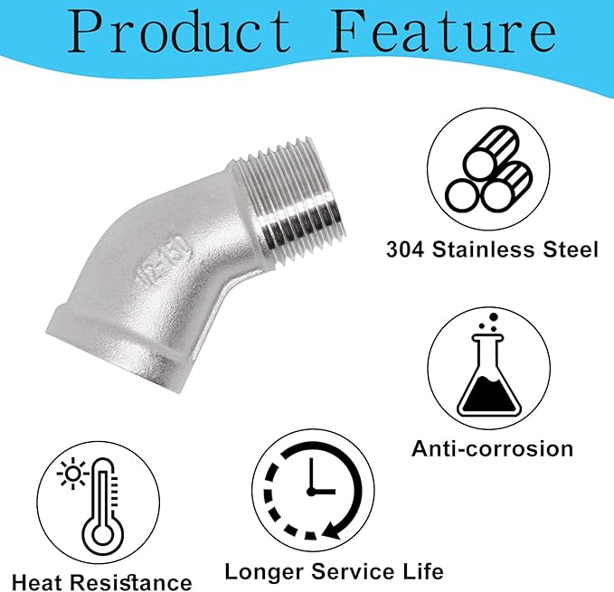 2PCS 304 Stainless Steel 45 Degree Elbow, 1/2" NPT Male Pipe to 1/2" NPT Female Coupler, Heavy Duty Forged Street Elbow Adapter Pipe Fittings, Class 150