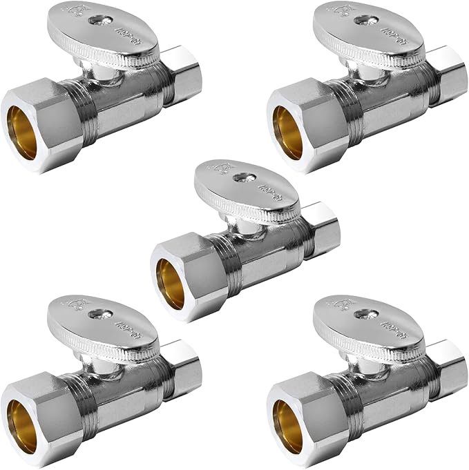 5-PCs HeSun Straight Stop Valve, 1/2" Nominal (5/8"OD) Compression x 3/8" OD Compression, 1/4 Turn Shut Off Valve for Bathroom, Chrome Plated Brass(VALVE122-5)