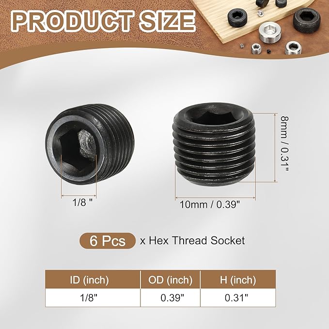 Pipe Plug Carbon Steel Internal Hex Thread Socket Pipe Plug Fitting - Fitting for (Sealing Port - Air Tanks - Water Outlets) 1/8 Inch NPT Male & 6 Pack