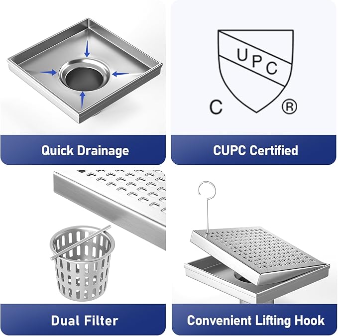 Square Shower Drain 6", 304 Stainless Steel Floor Drain w/Hair Strainer, Grid Shower Drain w/CUPC Certified, Brushed
