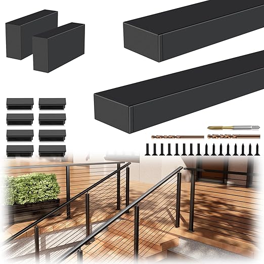 2Pack 8FT T304 Stainless Steel Handrails Black with Extension Connectors End Cap Kits for Cable Railing System Posts Kit, Cuttable Rectangular Handrails Flat Top Rail - 2.36" W x 1.18" H