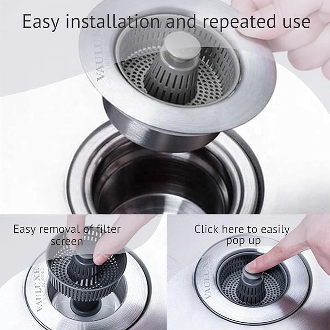 Upgraded 3in1 Kitchen Sink Drain Strainer & Sink Stopper, Stainless Steel Kitchen Drain Plug & Sink Installation Parts with Anti-Clogging Basket, Fit US Standard 3-1/2.8'' Sink Drain Hole