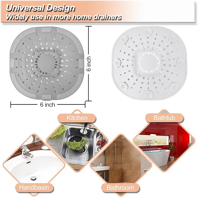 Hair Catcher Square Silicone Hair Stopper Shower Drain Hair Catcher with Suction Cup Easy to Install and Clean Suit for Bathroom Bathtub and Kitchen(Upgraded Strong Suction 2 Pack(Traffic Black Grey)