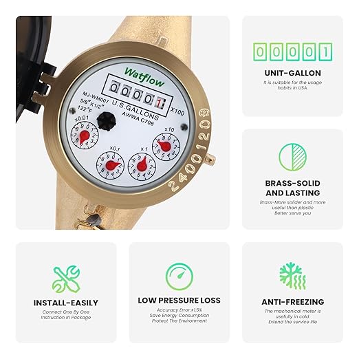 Watflow DN15 Water Meter 1/2" NPT, AWWA C708 Certification Gallon Water Flow Meter, Cold Water Meter, for Garden/HomeAmpartment, Horizontal Install.