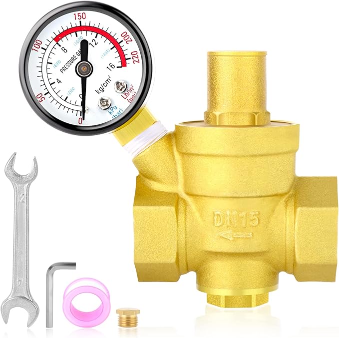 MEANLIN MEASURE 1/2 inch brass Water pressure regulating valve, pressure regulating valve, pressure reducing valve, DN15, with 0-220PSI pressure gauge