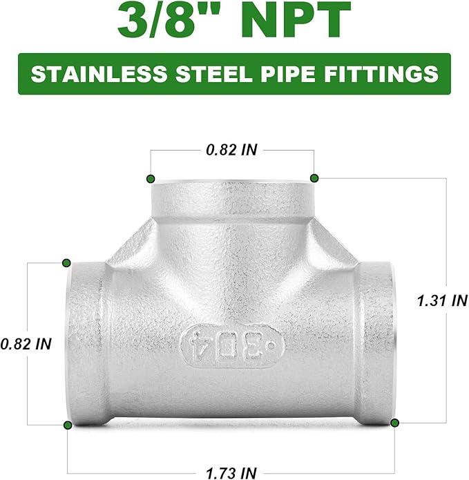 TAISHER 5PCS Stainless Steel Tee Pipe Fittings, 3/8" x 3/8" x 3/8" NPT Female Pipe Fittings