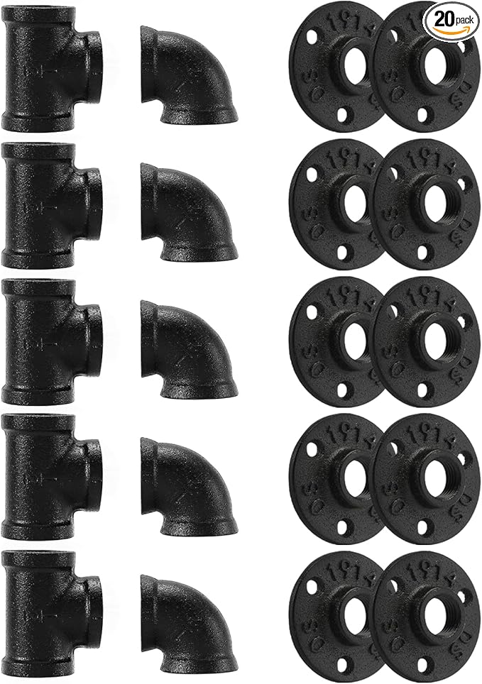 1/2" Black Pipe Fitting, Home TZH 20 Pack Floor Flange/Elbow/Tee Combo for Industrial vintage style, Flanges/Elbow/Tee with Threaded Hole for DIY Project/Furniture/Shelving(20, Black 1/2")