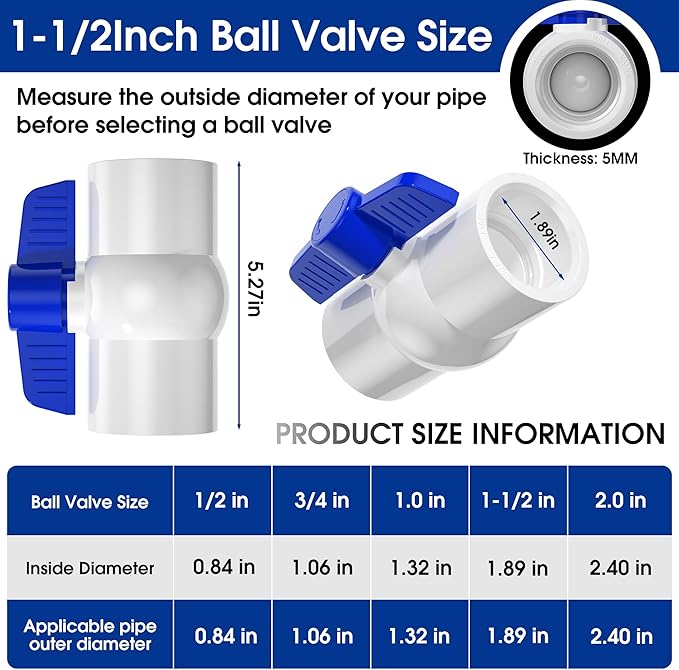 5PCS 1-1/2" PVC Ball Valve,Slip PVC Water Pipe Valve with Easy Turn Blue T-Handle, SCH40 Water Pipe Valves for Swimming Pool, Sprinkler Lines,Sewage Pump, Outdoor Plumbing & Irrigation System