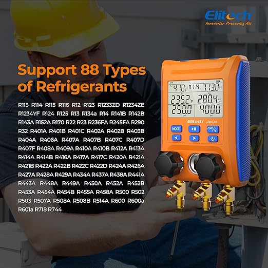 Elitech Digital Manifold Gauge 2-Way Valve with Thermometer Clamps for HVAC Systems, LMG-10